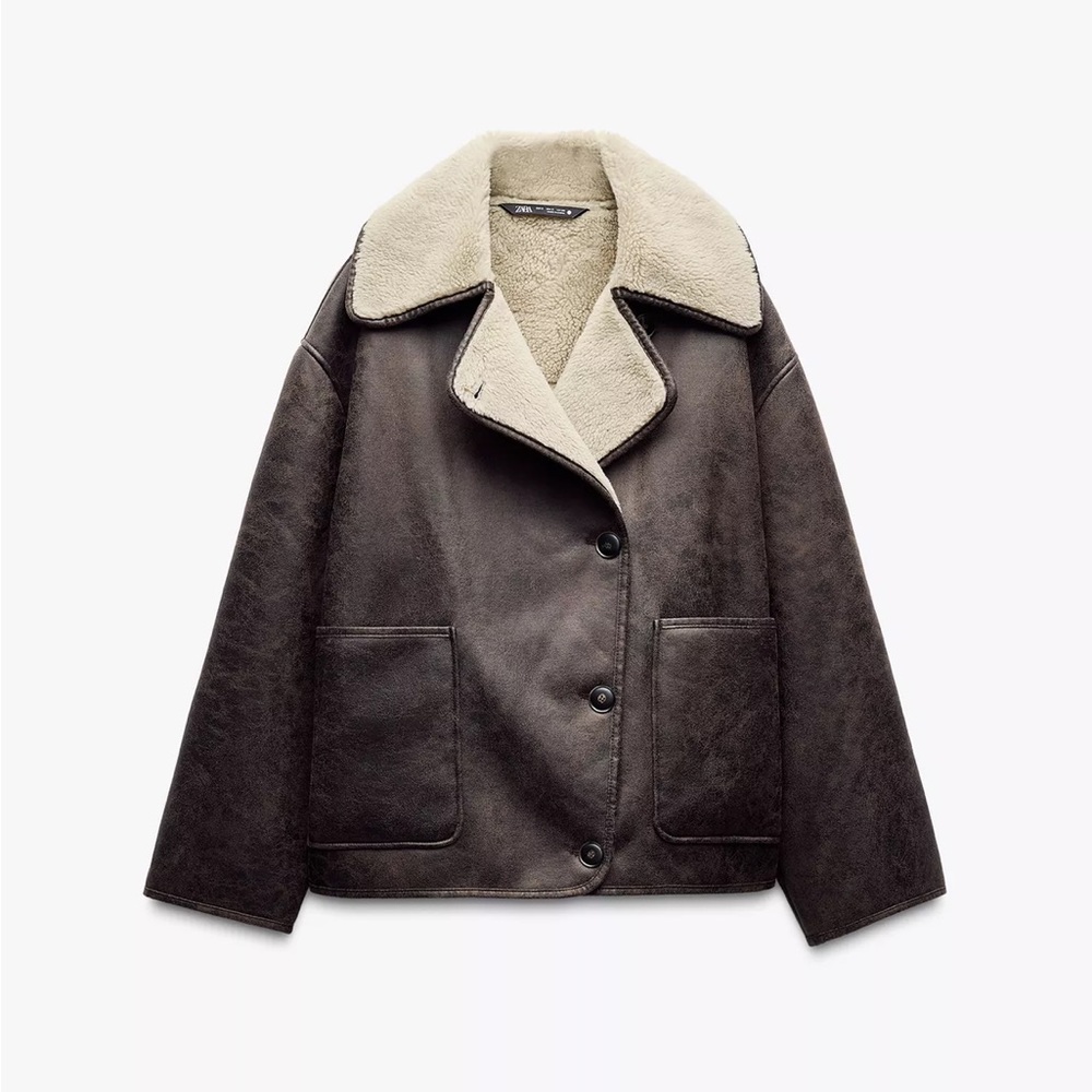 Zara Brown Teddy Jacket with Cream Collar